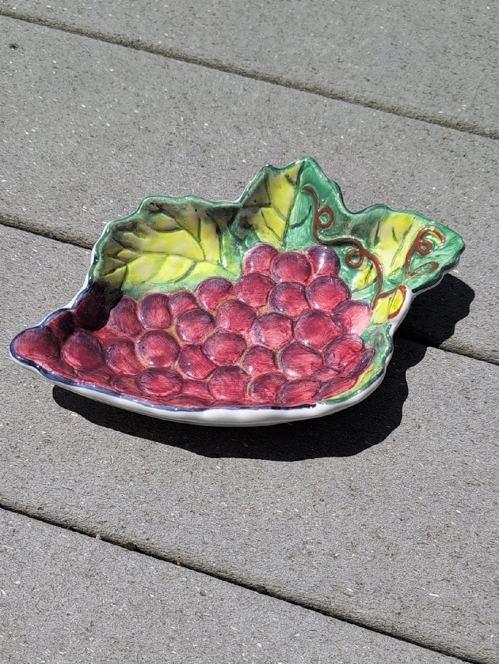 Vintage Clay Art "Vineyard" Hand-Painted Ceramic Grape Dish